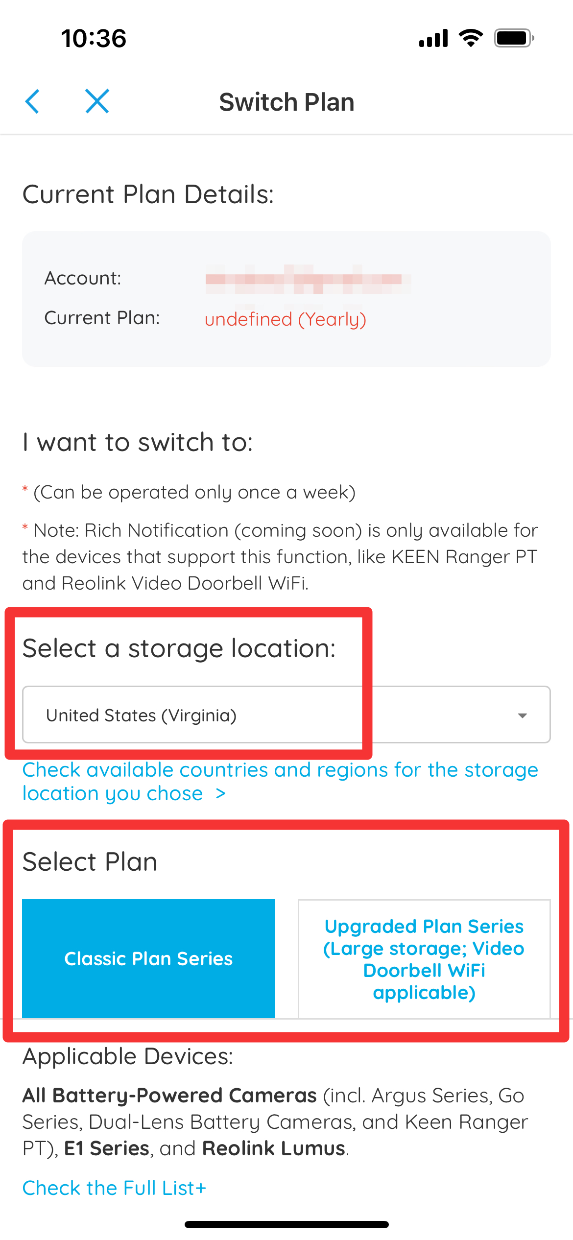 select the storage and plan