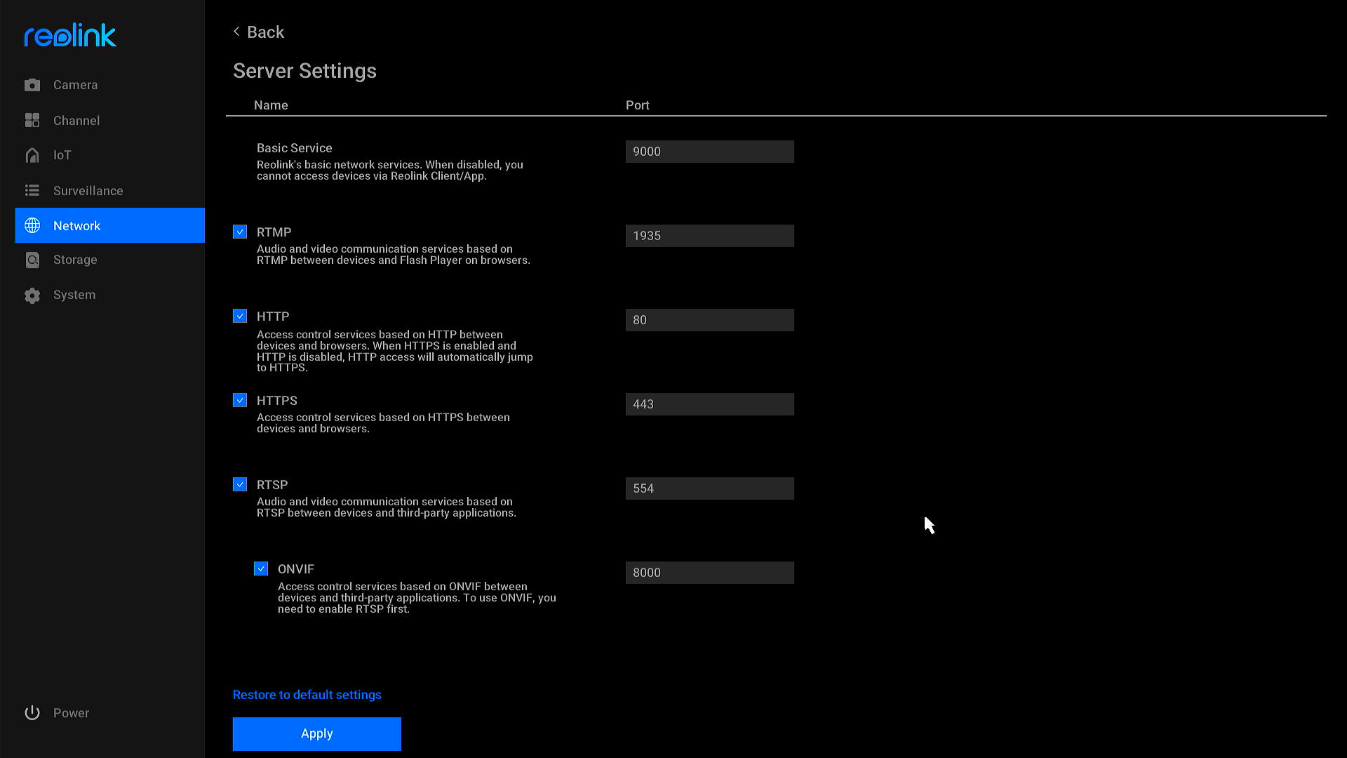 port settings