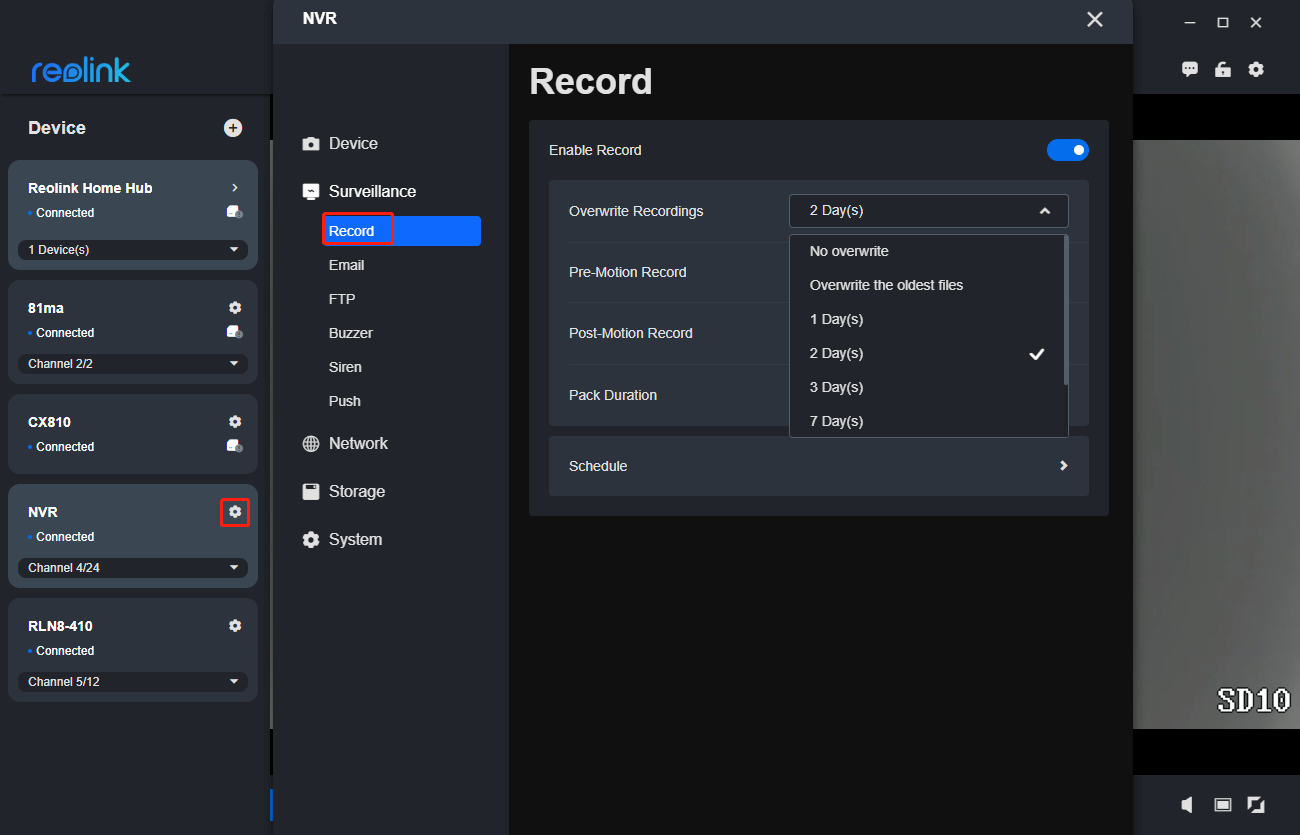 overwrite settings client NVR