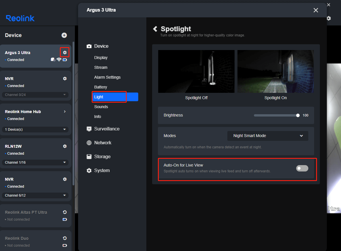 auto-on for live view