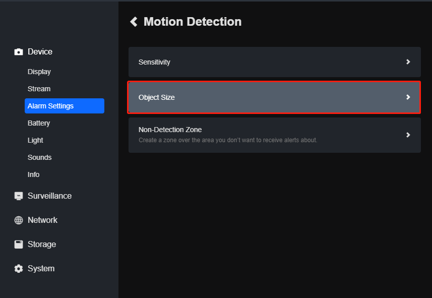 object size settings