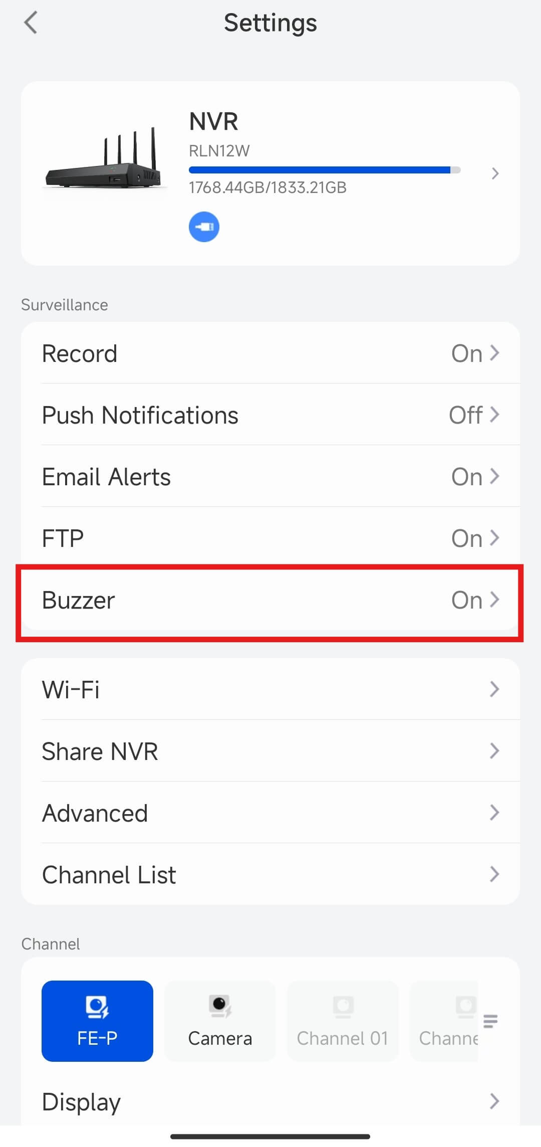 app NVR select buzzer