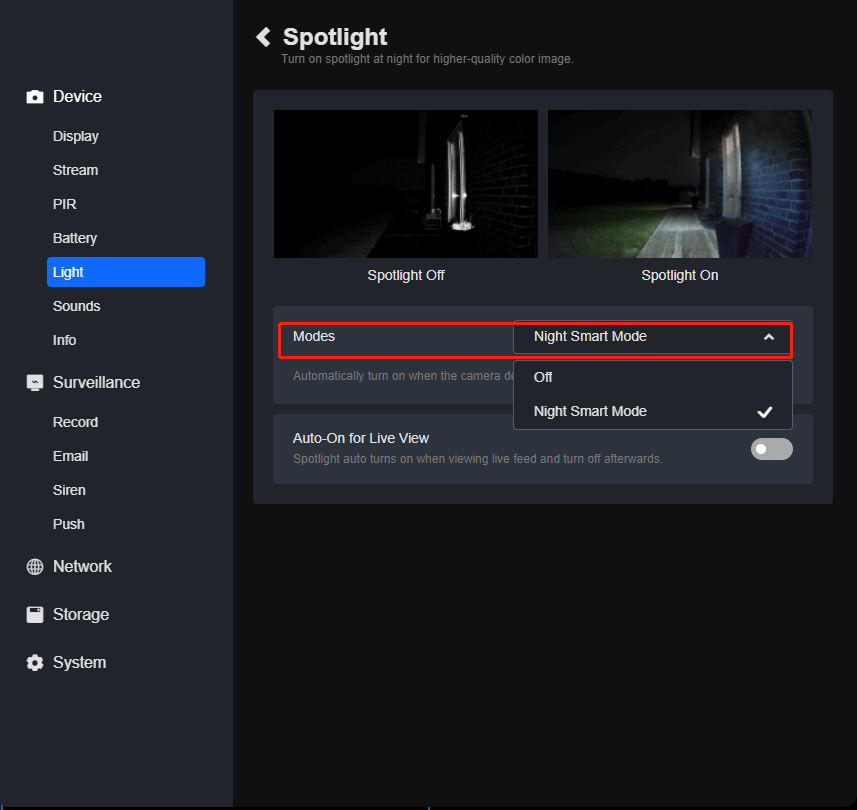 spotlight only night mode