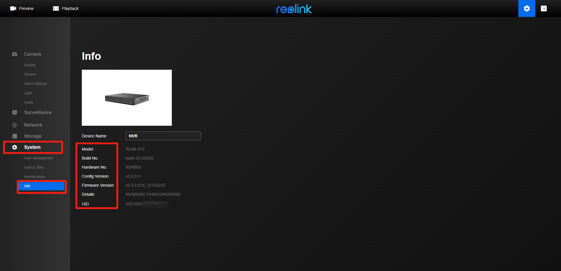 system info NVR web