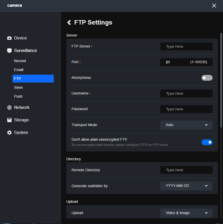 camera FTP settings