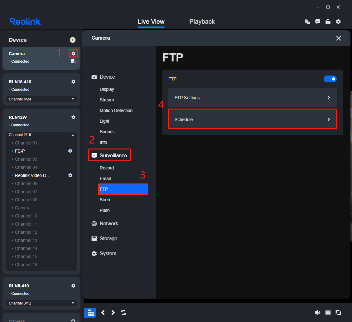 enter camera FTP schedule