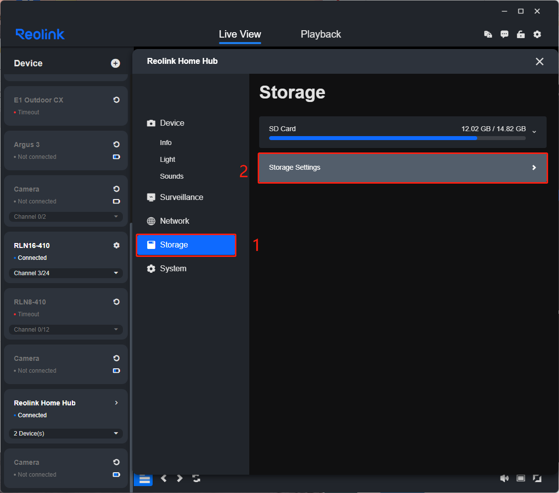 Home Hub storage settings