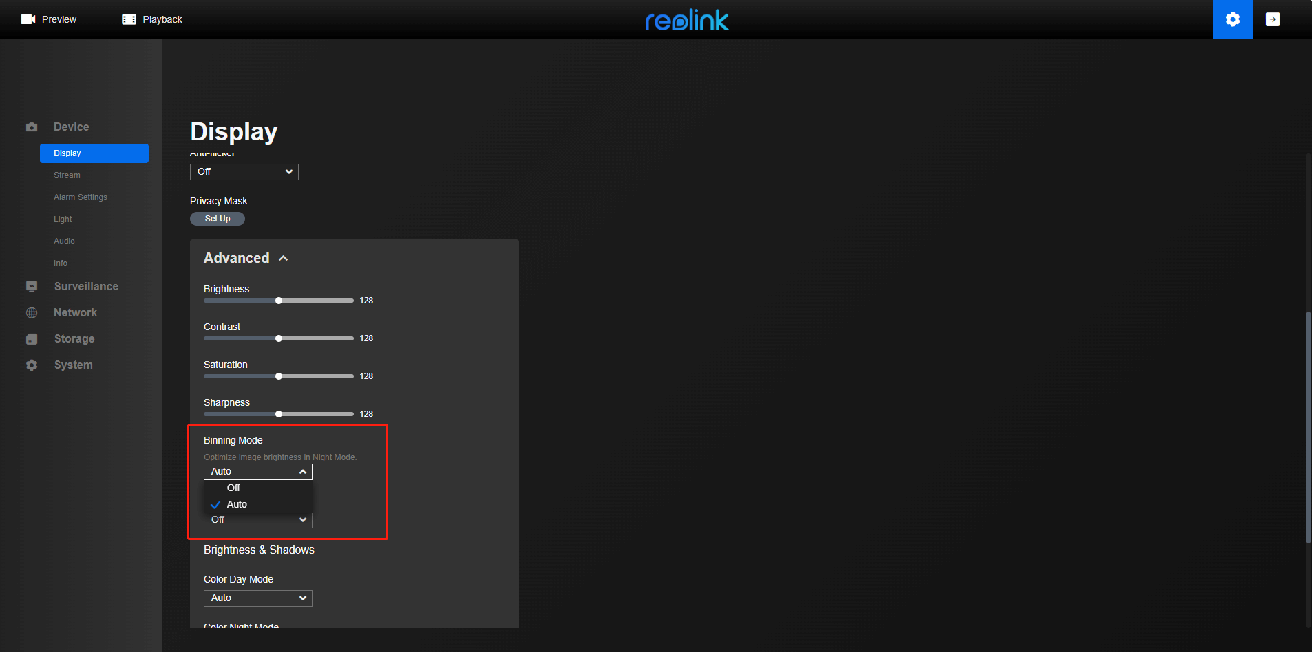 enable binning mode