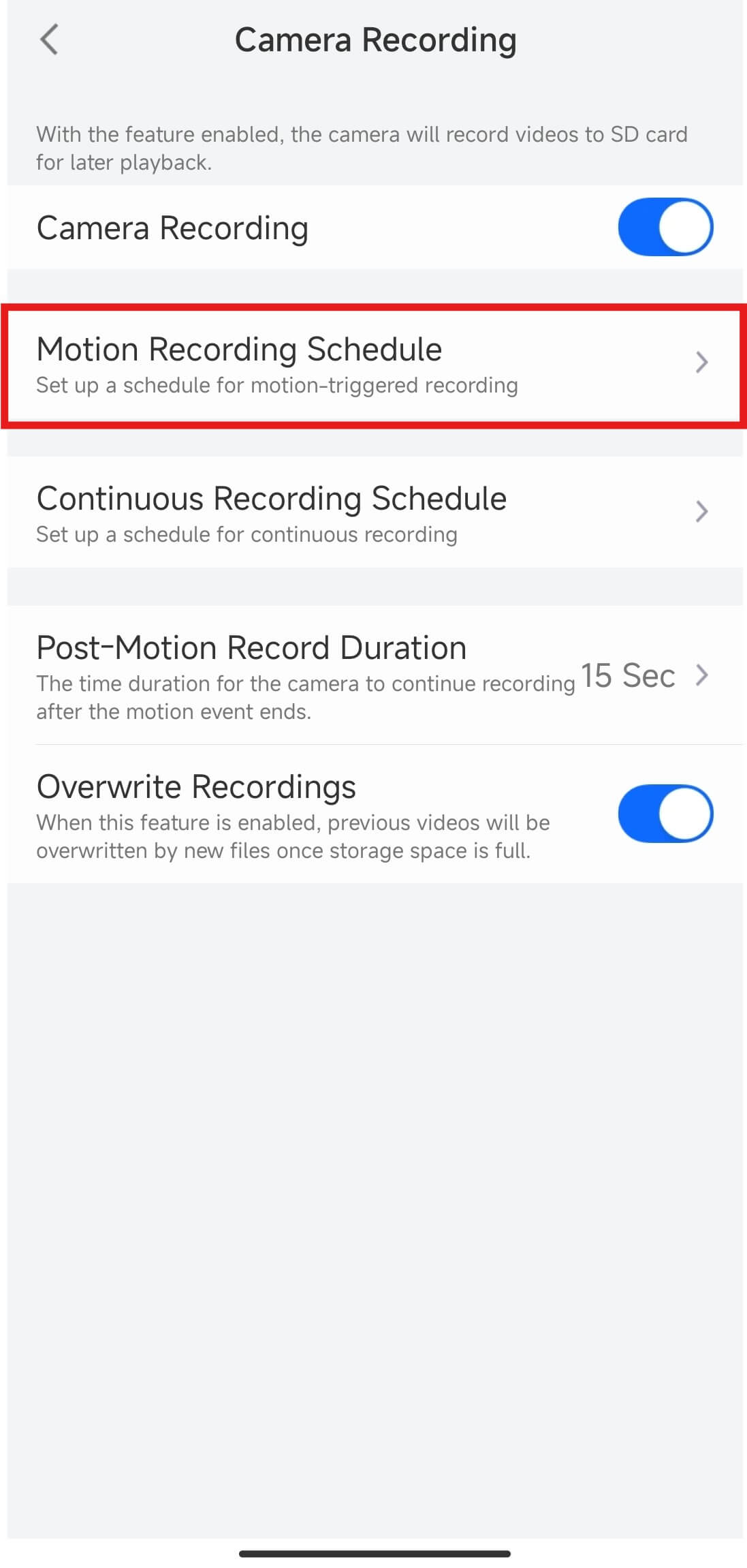 select motion recording schedule