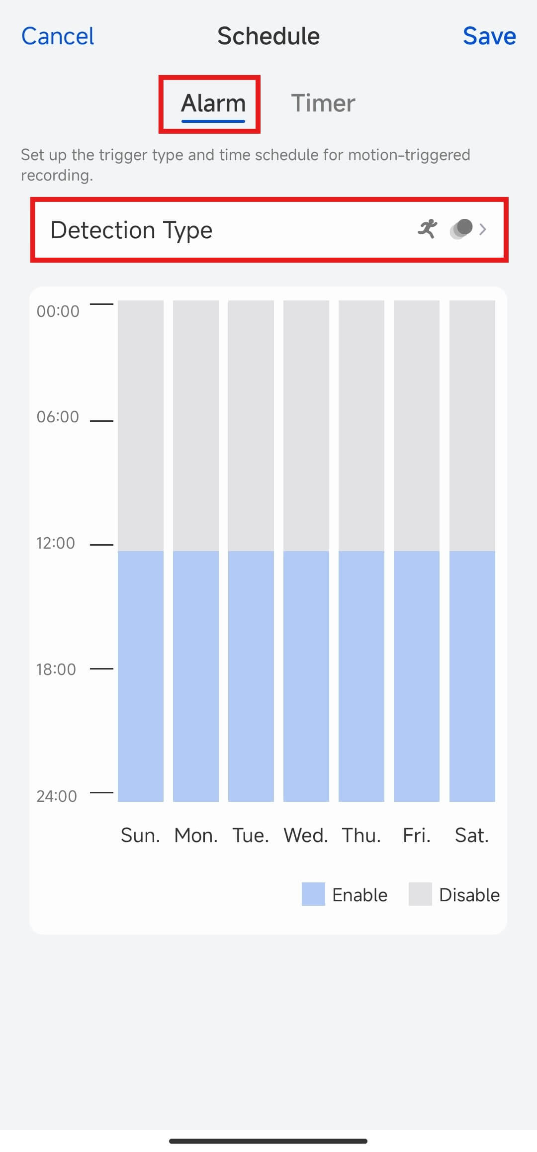 Altas NVR alarm schedule