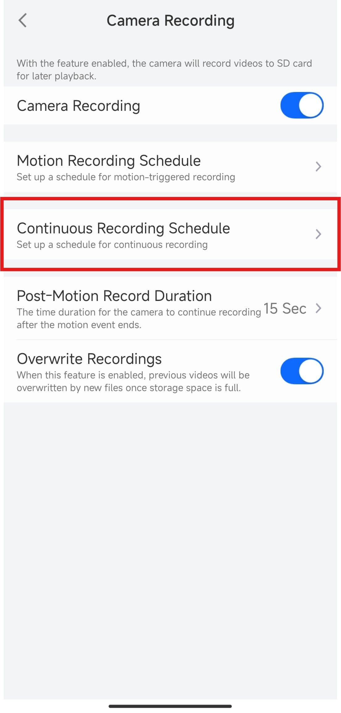 enter continuous recording schedule