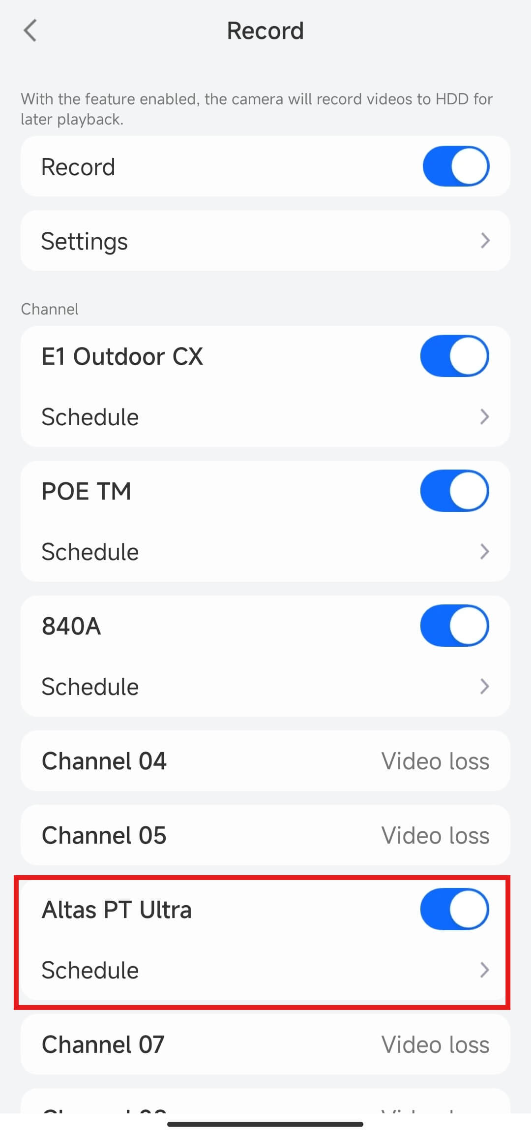 Altas NVR channels list