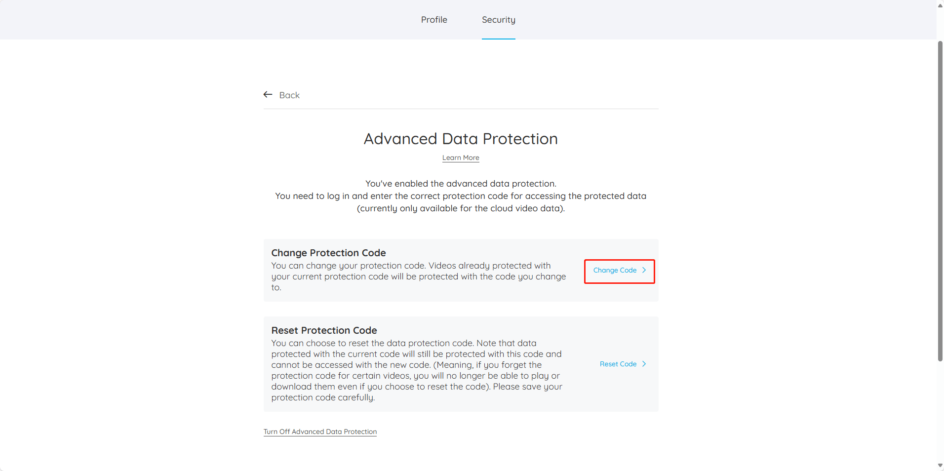 select change advanced data protection code