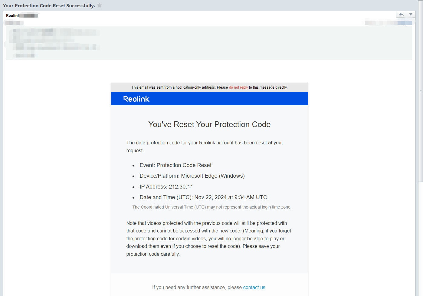 reset code email