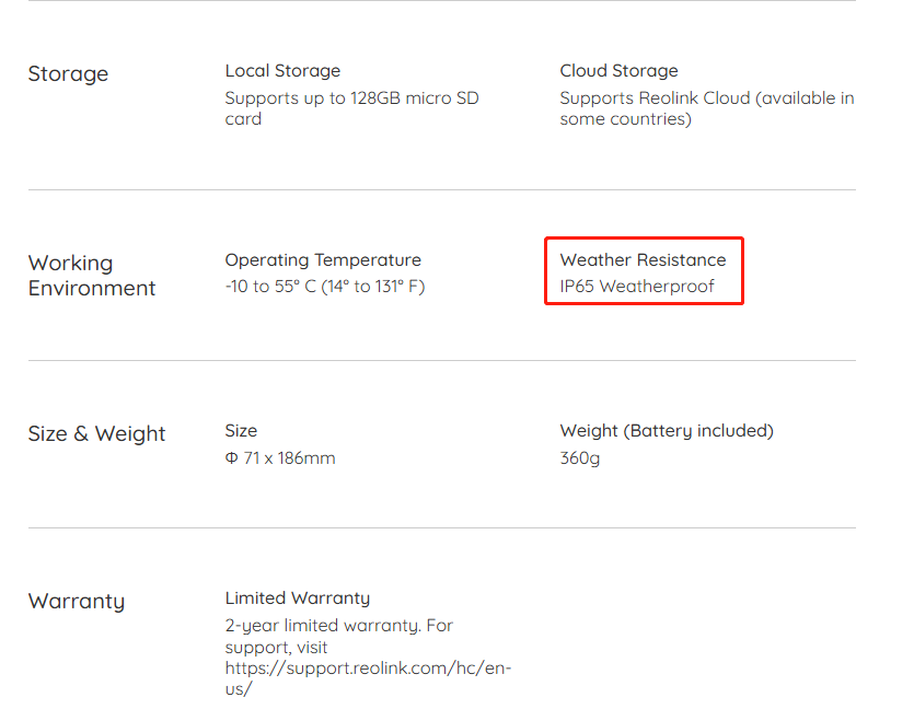 IP rating reolink camera