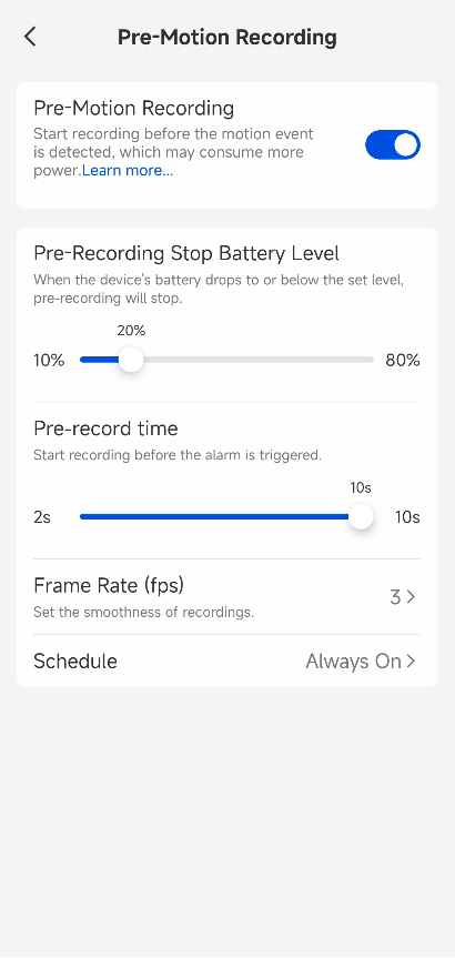 pre-motion recording settings