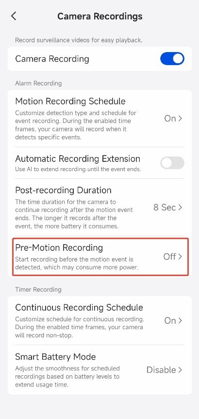 pre-motion recording option