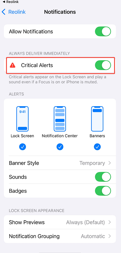 critical alert phone settins