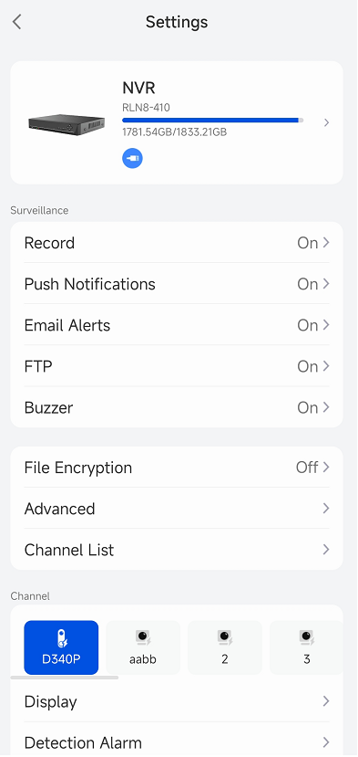 NVR settings page