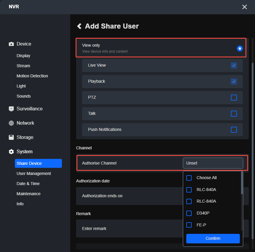 NVR authorise channel