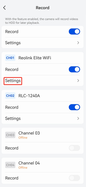 tap record settings