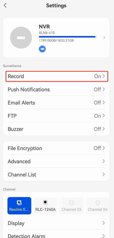 tap NVR record