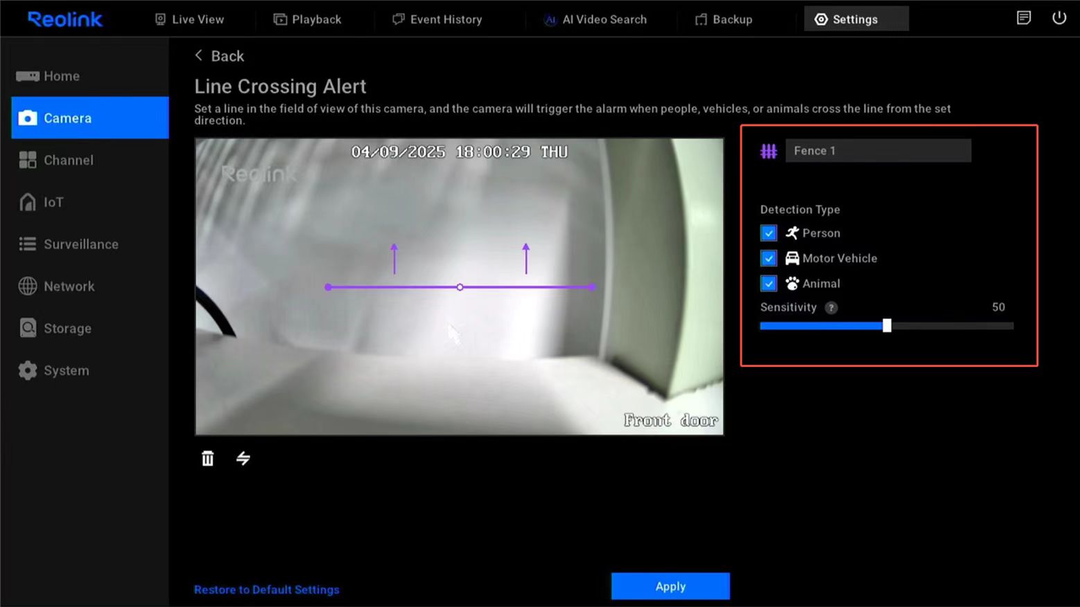 detection settings line