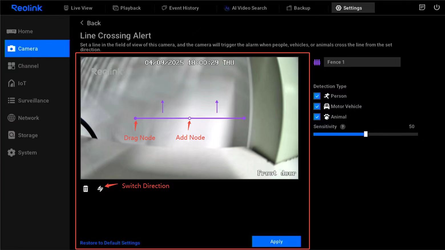 line crossing alert configuration