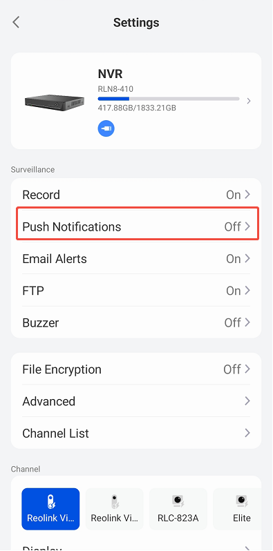 NVR push notification settings