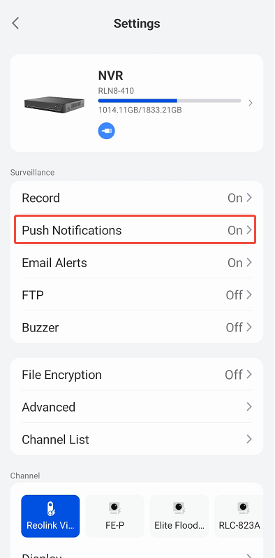 NVR push notification settings
