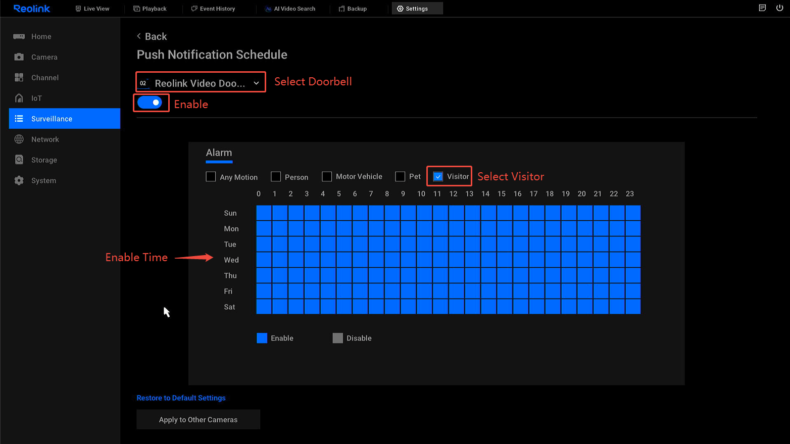 Push notification schedule on NVR
