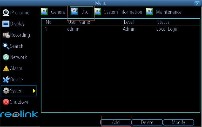 add user on old ui NVR