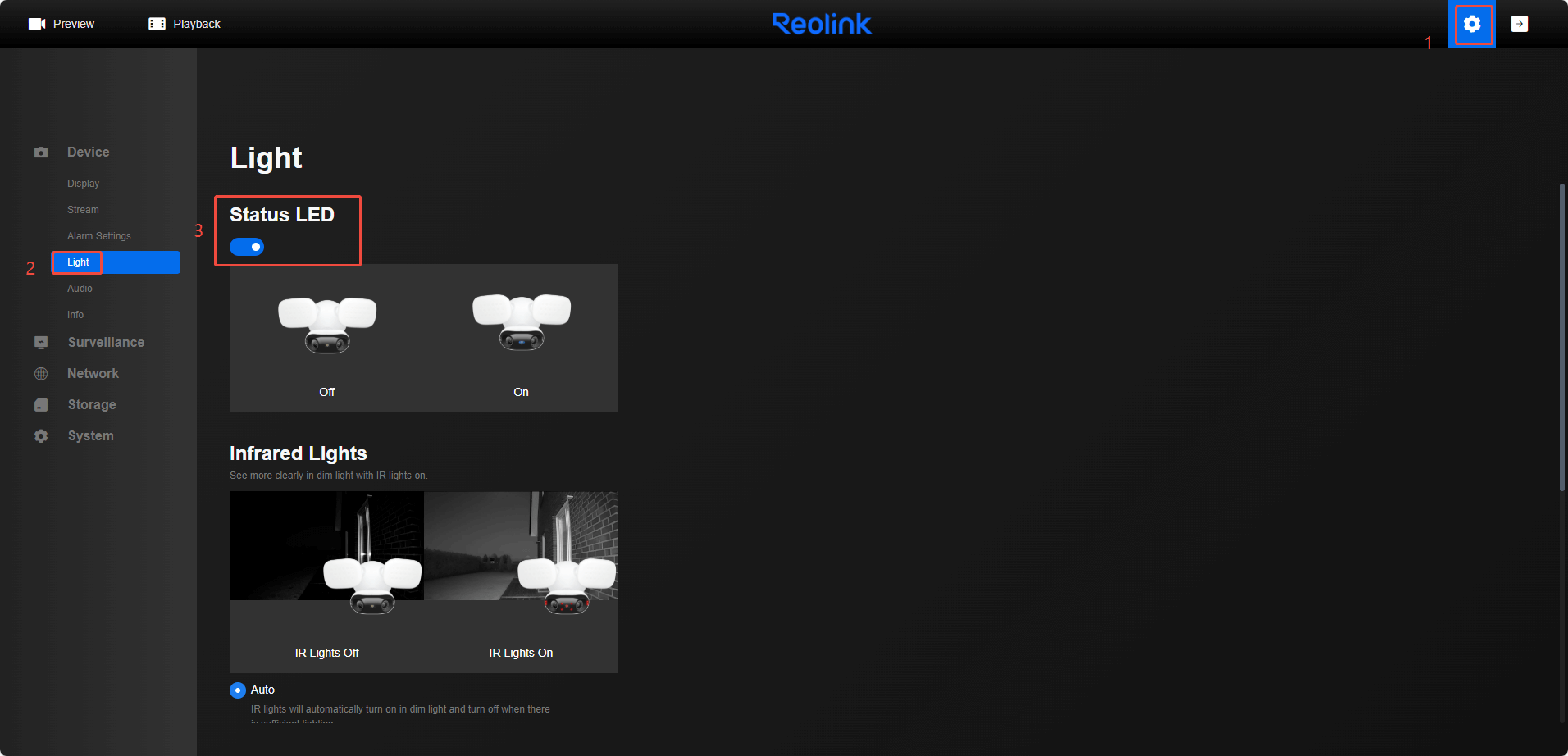status light on web internal settings