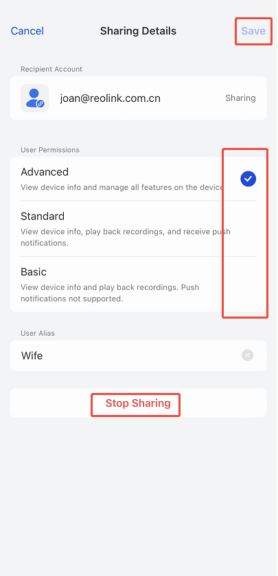 modify and stop sharing