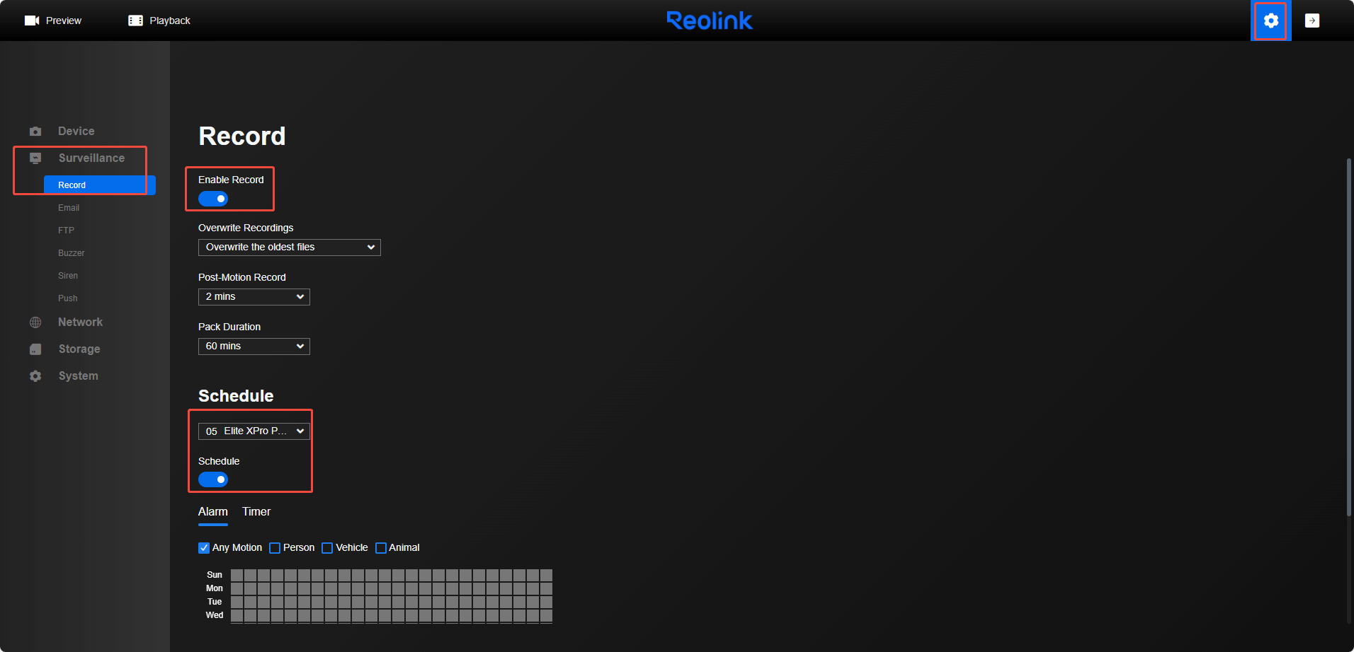 NVR and camea record schedule on web