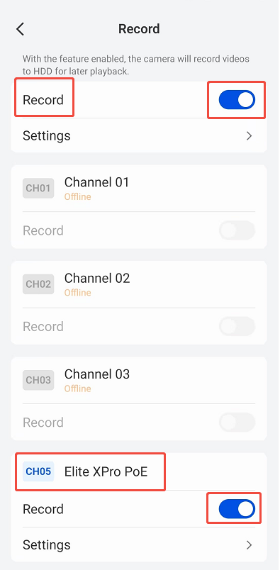 NVR and camera record button