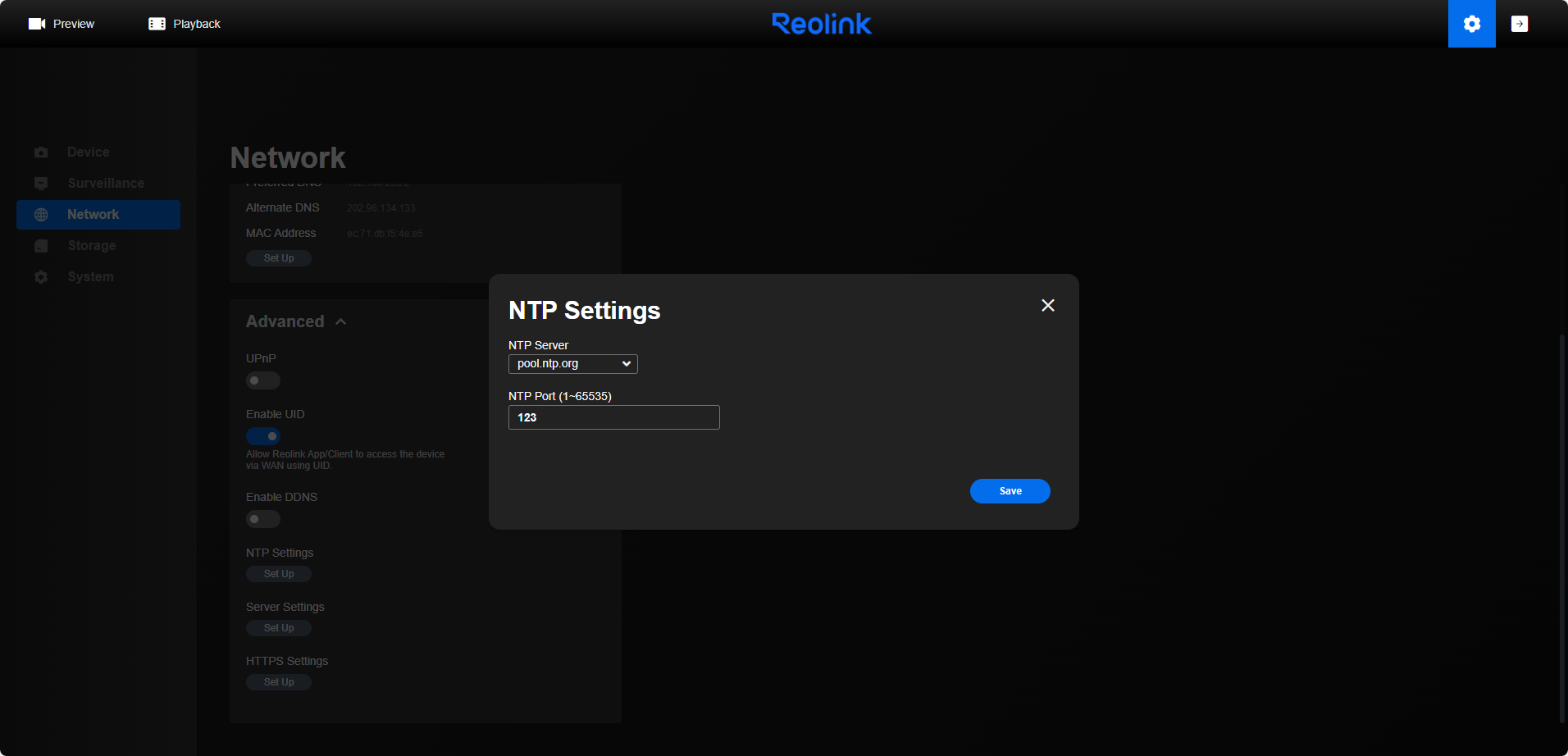 ntp settings on web