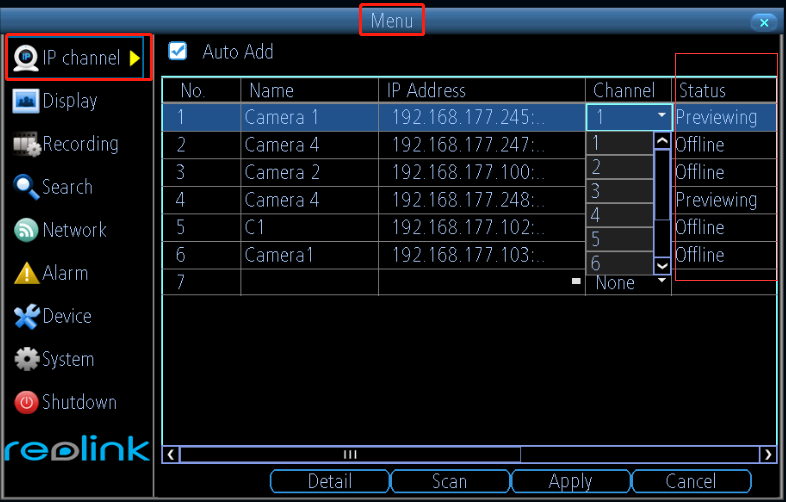 ip channel camera status