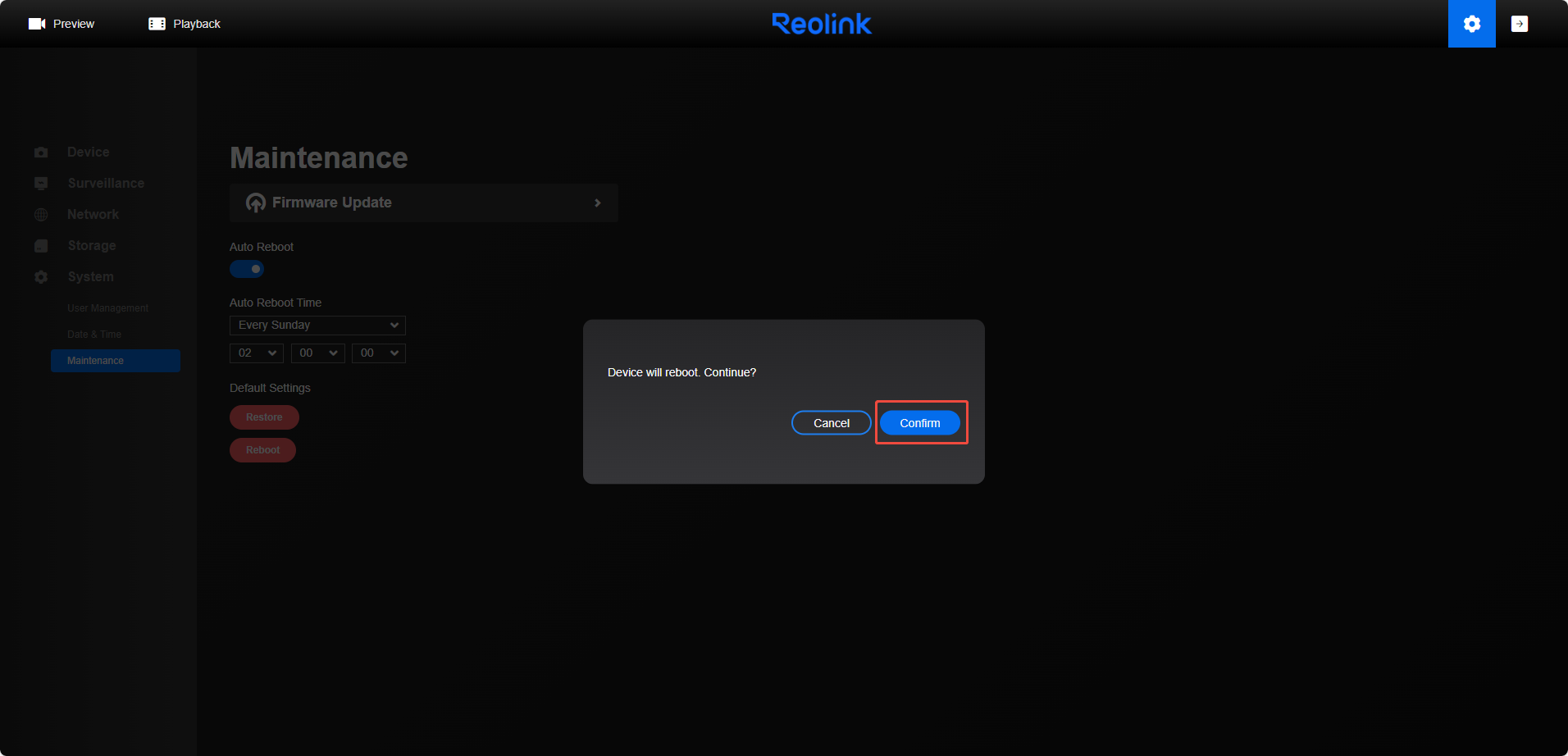 confirm to reboot
