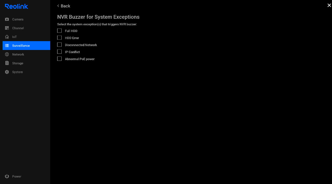 NVR buzzer for system exceptions