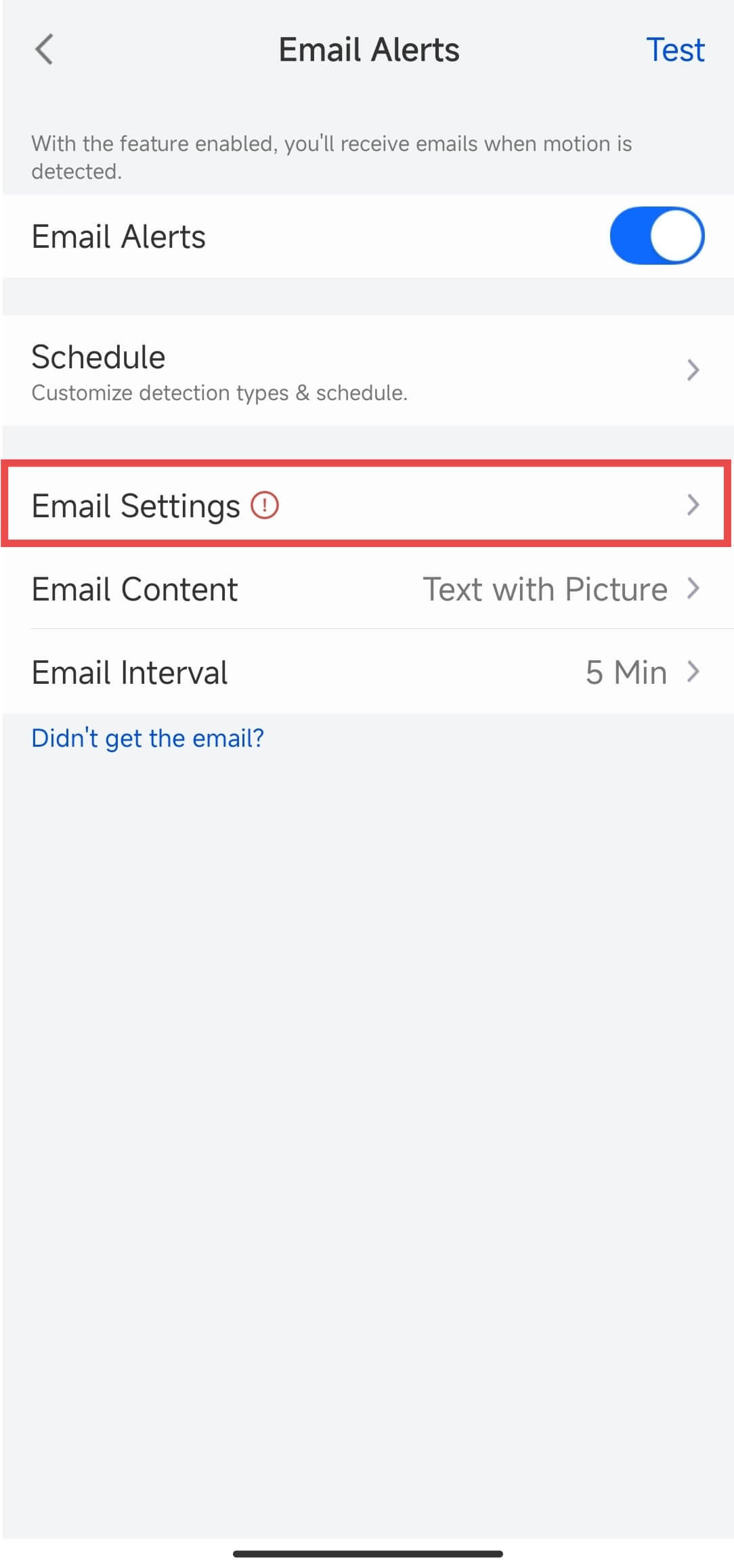 email settings exclamation mark