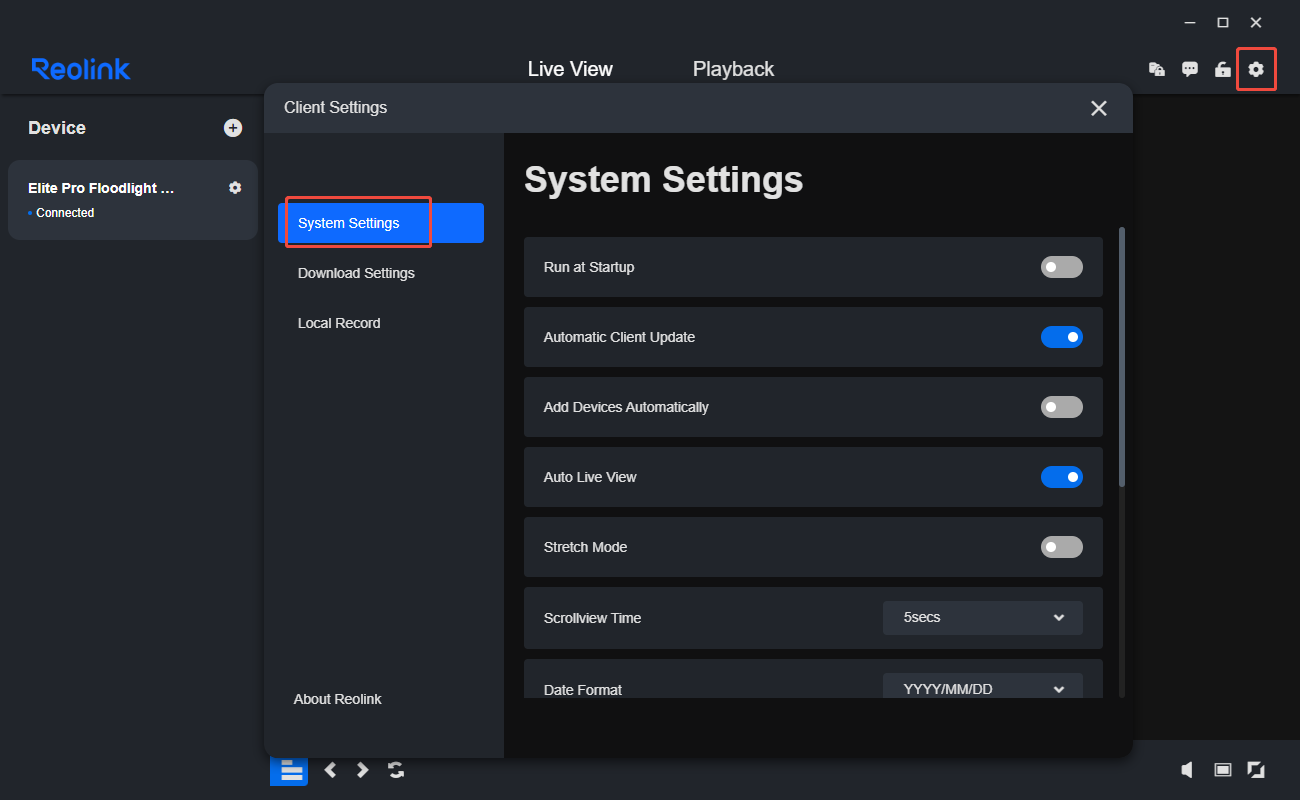 reolink client system settings
