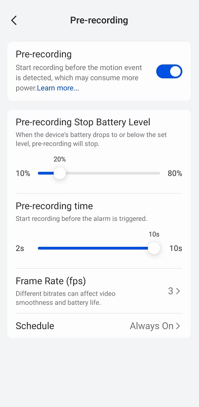 pre-recording settings