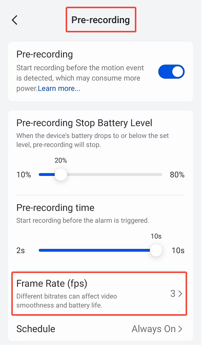 pre-record frame rate