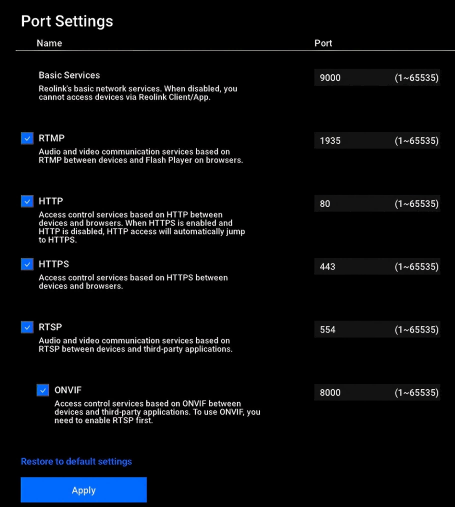 port settings