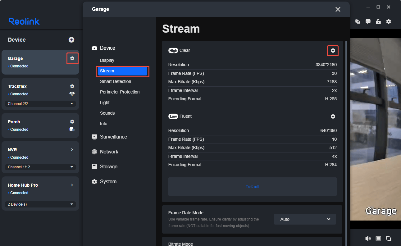 Client stream settings