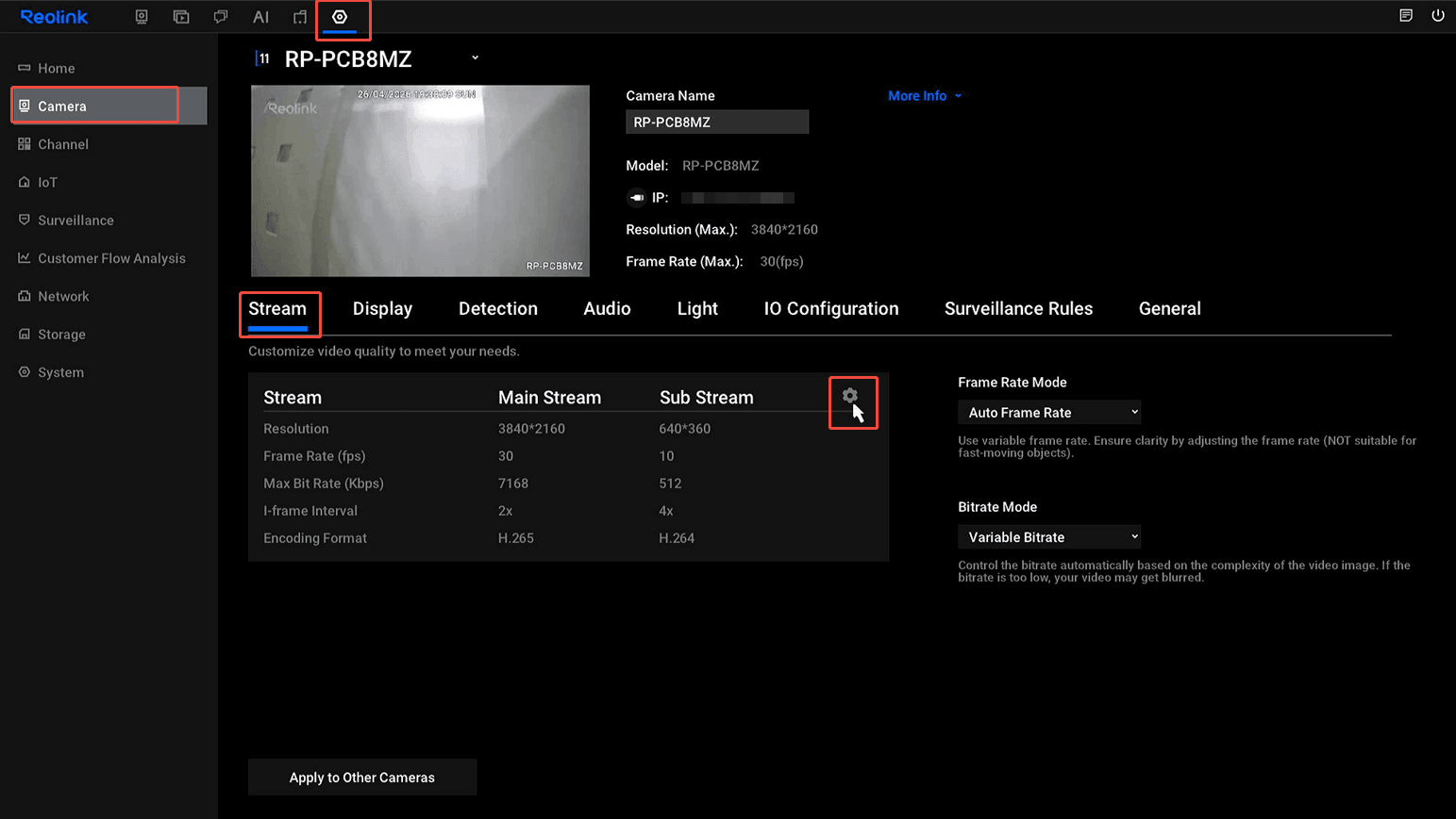 UI camera stream settings