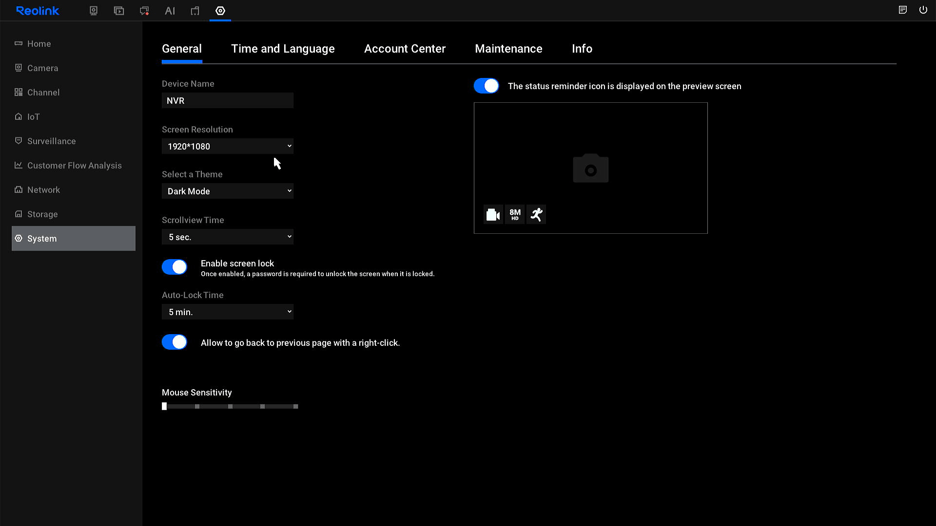 NVR settings UI