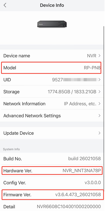 NVR device info