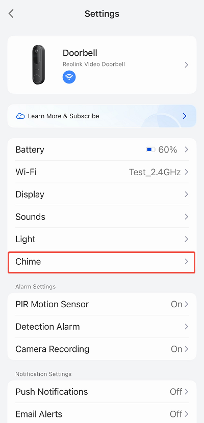 doorbell settings chime